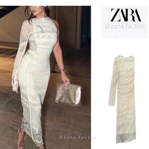 Zara Printed Asymmetrical Tulle Dress / Green Ivory